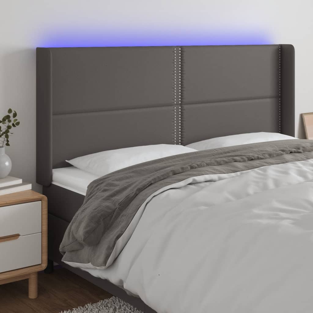 sengegavl med LED-lys 203x16x118/128 cm kunstlæder grå