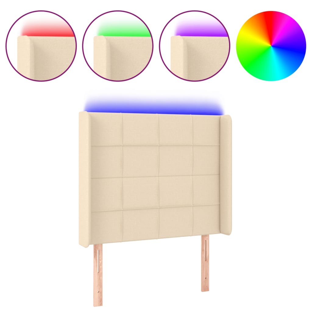 sengegavl med LED-lys 103x16x118/128 cm stof cremefarvet