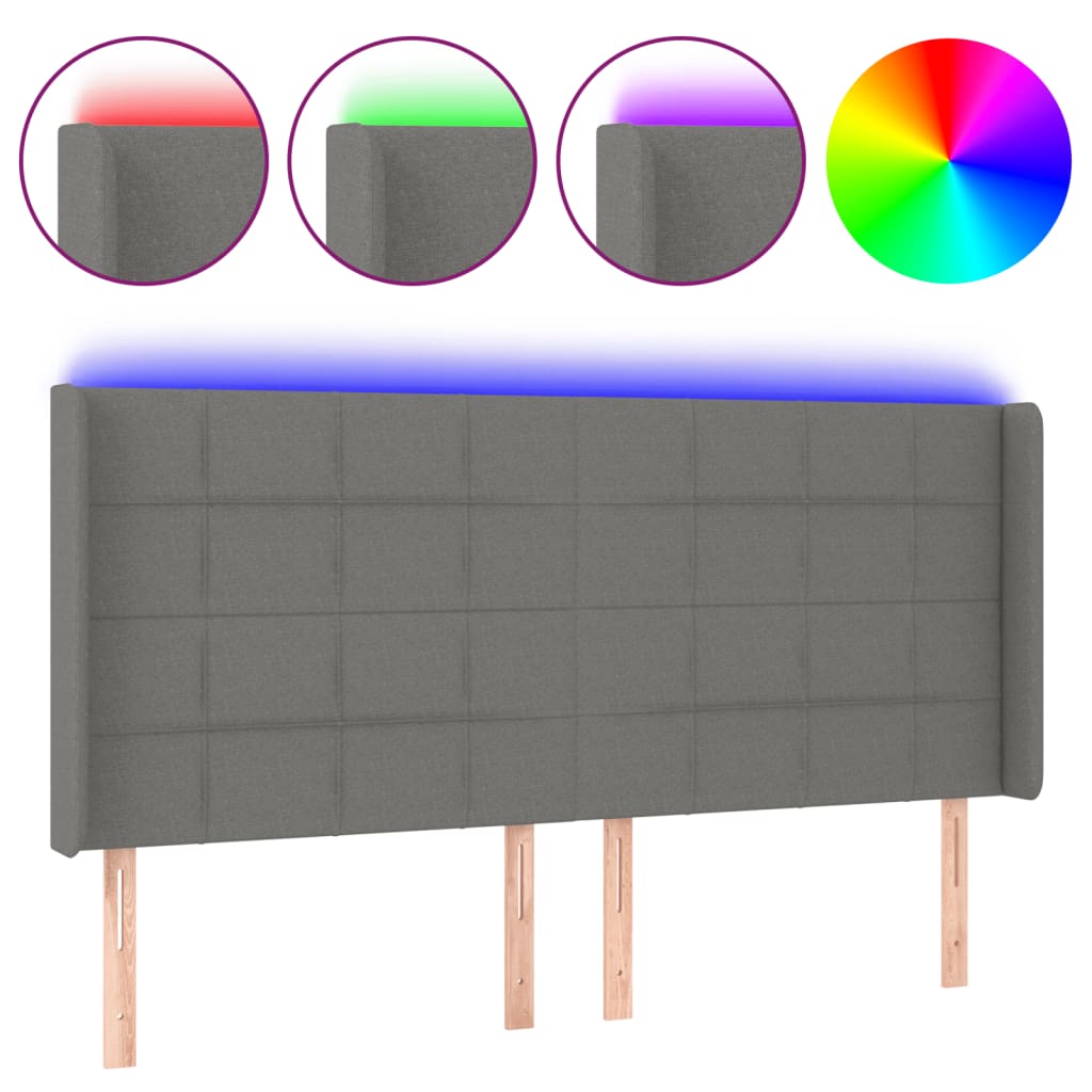 sengegavl med LED-lys 163x16x118/128 cm stof mørkegrå