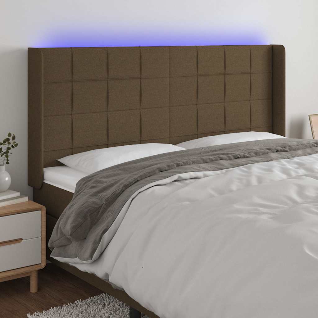 sengegavl med LED-lys 183x16x118/128 cm stof mørkebrun