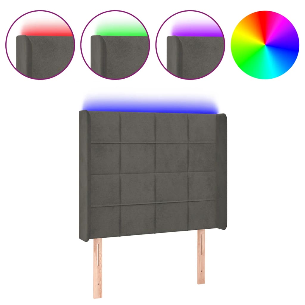sengegavl med LED-lys 93x16x118/128 cm fløjl mørkegrå