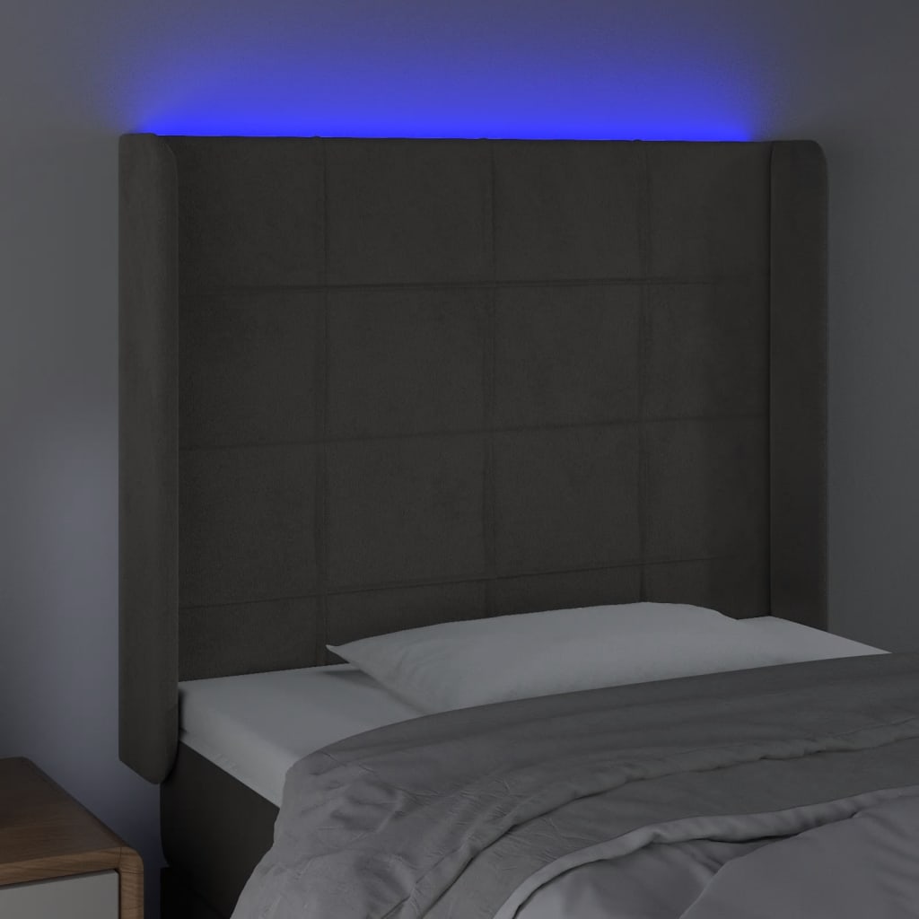 sengegavl med LED-lys 103x16x118/128 cm fløjl mørkegrå