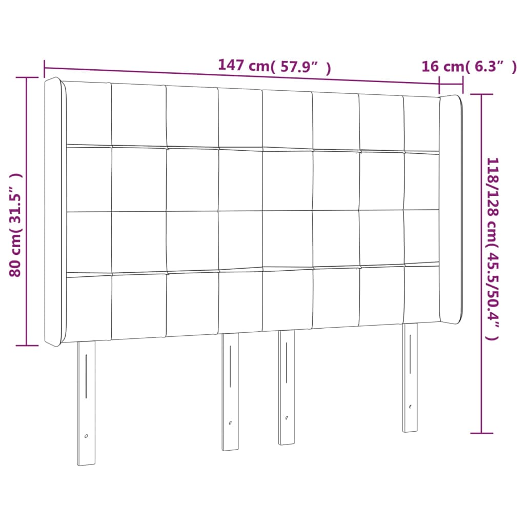 sengegavl med LED-lys 147x16x118/128 cm fløjl mørkegrå