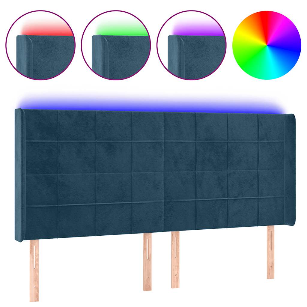 sengegavl med LED-lys 163x16x118/128 cm fløjl mørkeblå
