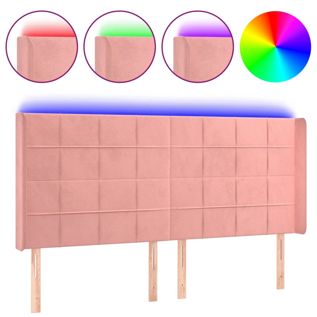 sengegavl med LED-lys 163x16x118/128 cm fløjl lyserød