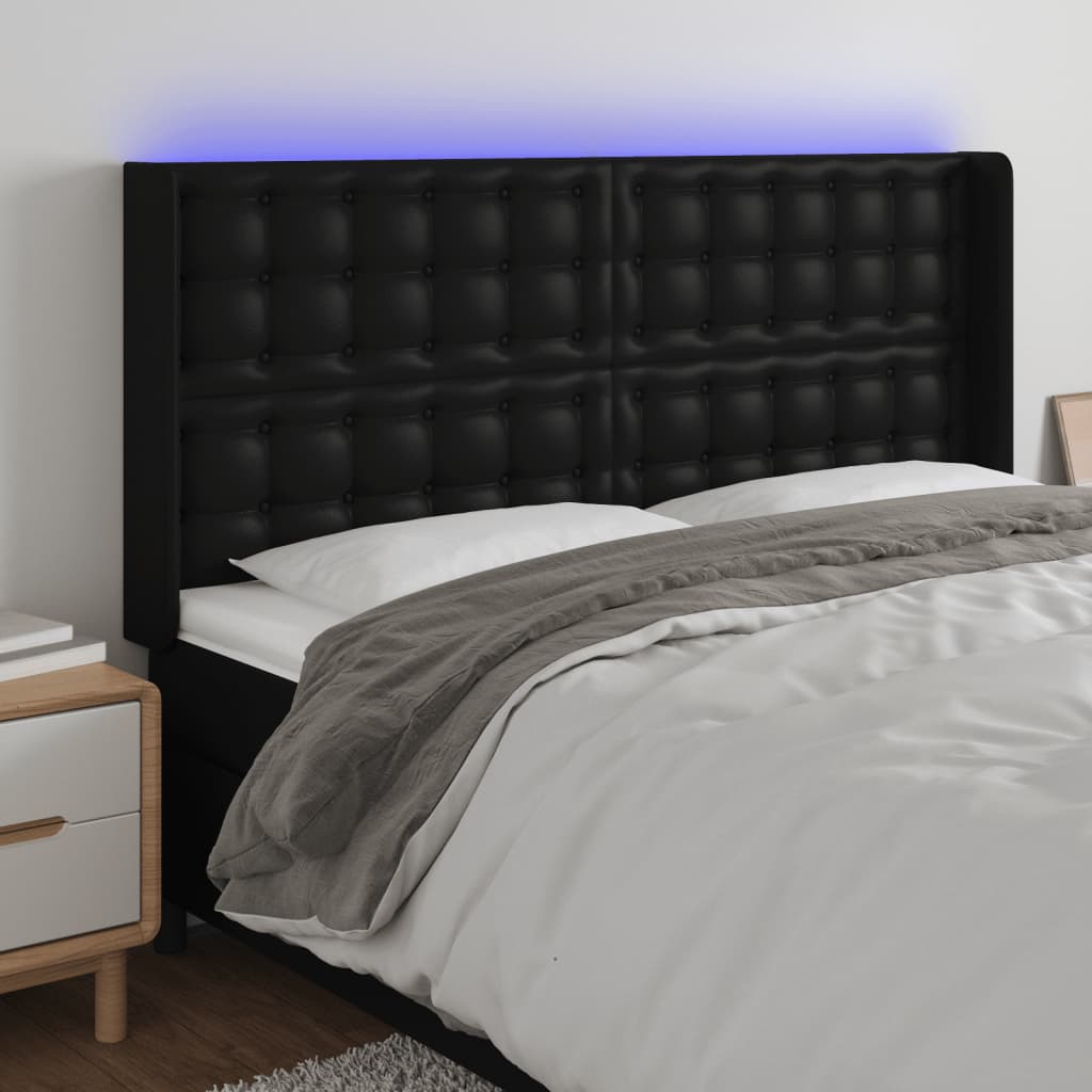 sengegavl med LED-lys 147x16x118/128 cm kunstlæder sort