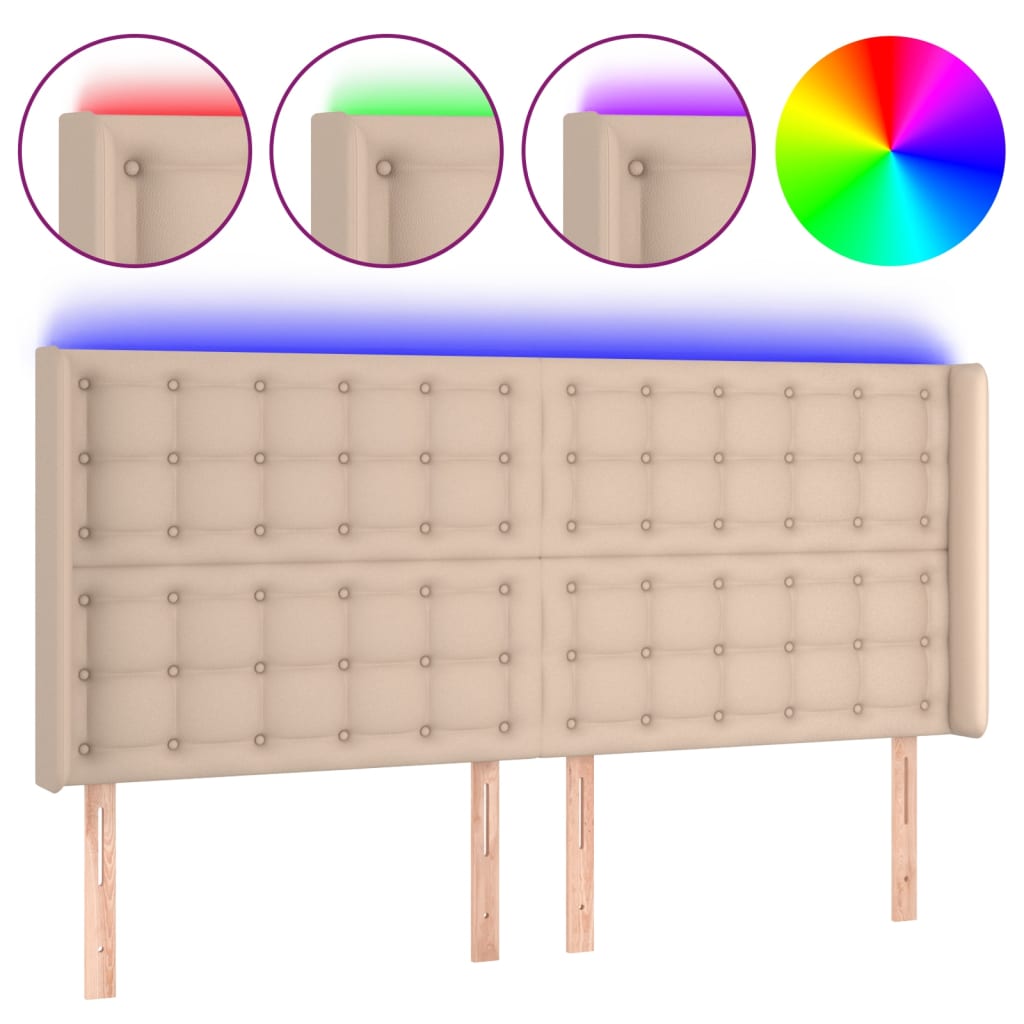 sengegavl med LED-lys 163x16x118/128 cm kunstlæder cappuccino