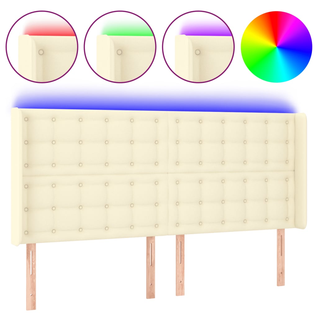 sengegavl med LED-lys 183x16x118/128 cm kunstlæder cremefarvet