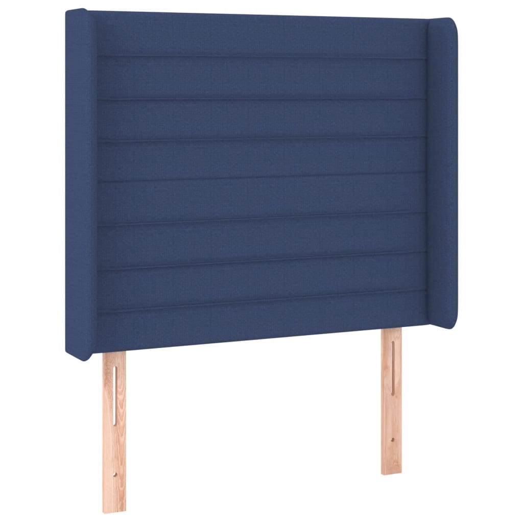 sengegavl med LED-lys 93x16x118/128 cm stof blå
