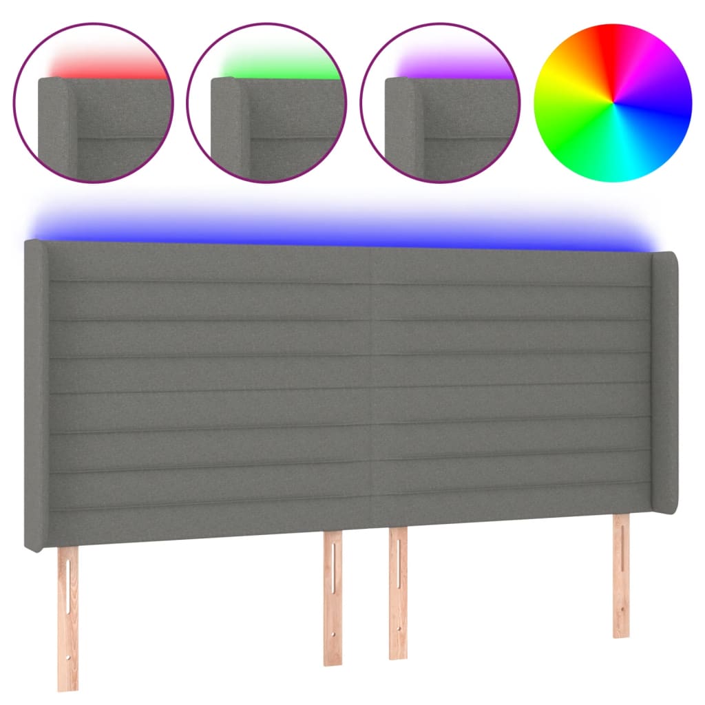 sengegavl med LED-lys 183x16x118/128 cm stof mørkegrå