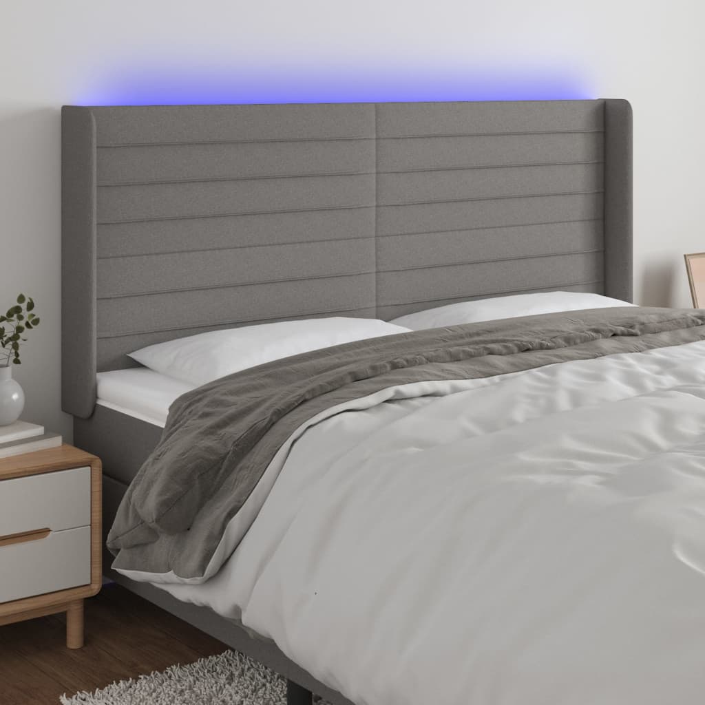 sengegavl med LED-lys 203x16x118/128 cm stof mørkegrå