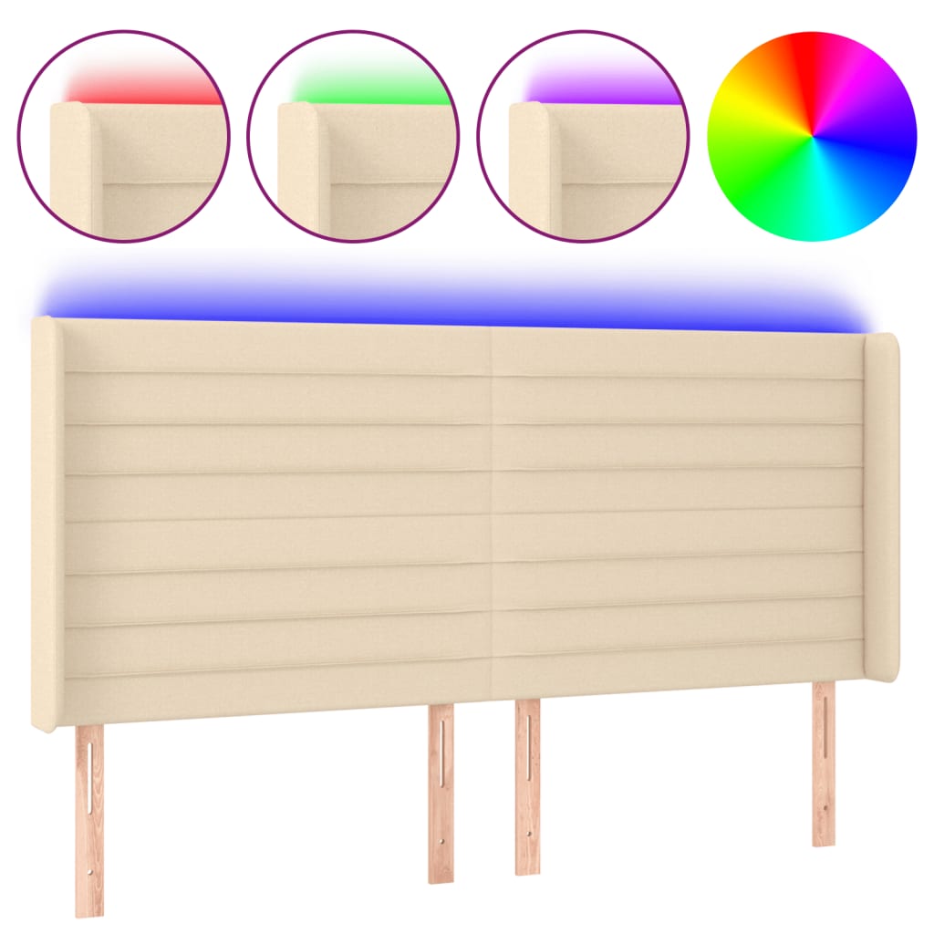 sengegavl med LED-lys 203x16x118/128 cm stof cremefarvet