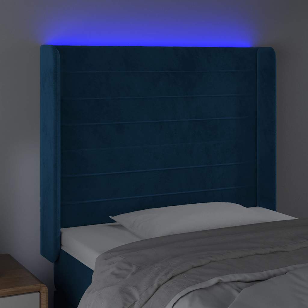 sengegavl med LED-lys 93x16x118/128 cm fløjl mørkeblå