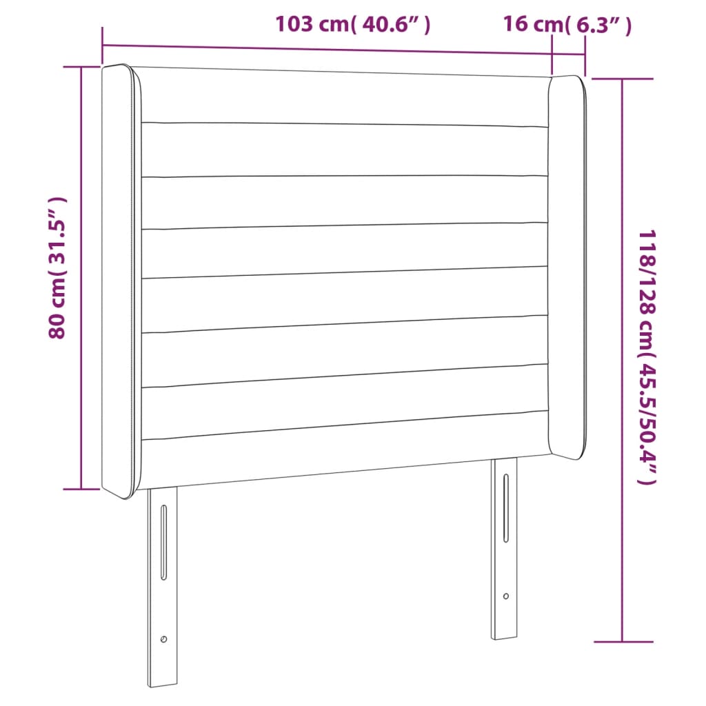 sengegavl med LED-lys 103x16x118/128 cm fløjl lysegrå
