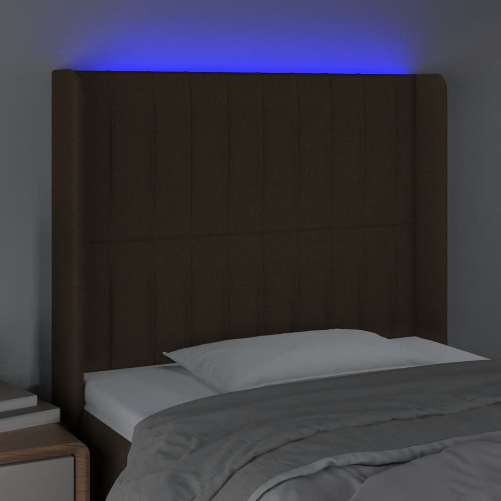 sengegavl med LED-lys 93x16x118/128 cm stof mørkebrun
