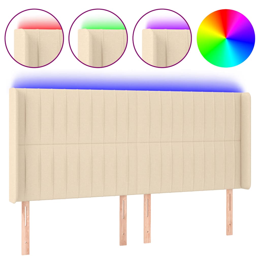 sengegavl med LED-lys 183x16x118/128 cm stof cremefarvet