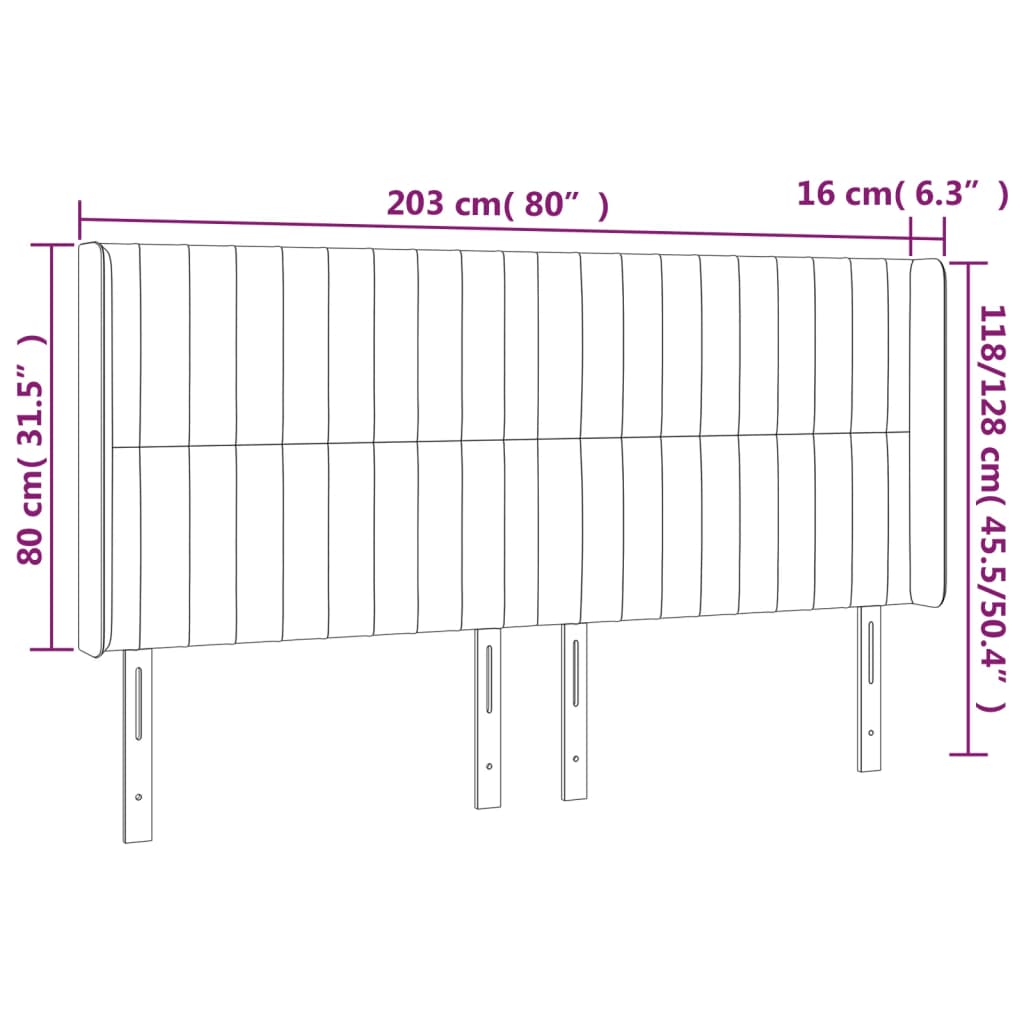sengegavl med LED-lys 203x16x118/128 cm stof mørkegrå