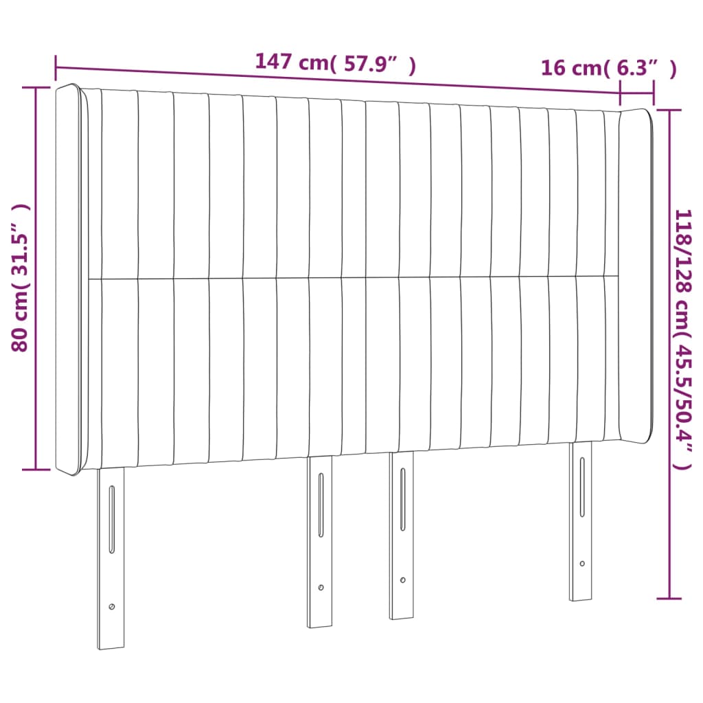 sengegavl med LED-lys 147x16x118/128 cm fløjl mørkegrå
