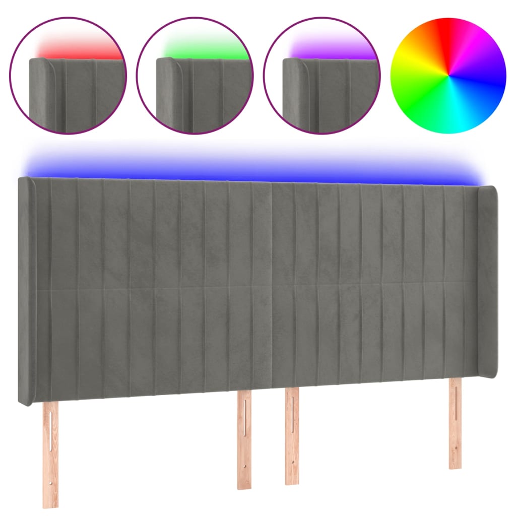 sengegavl med LED-lys 163x16x118/128 cm fløjl lysegrå