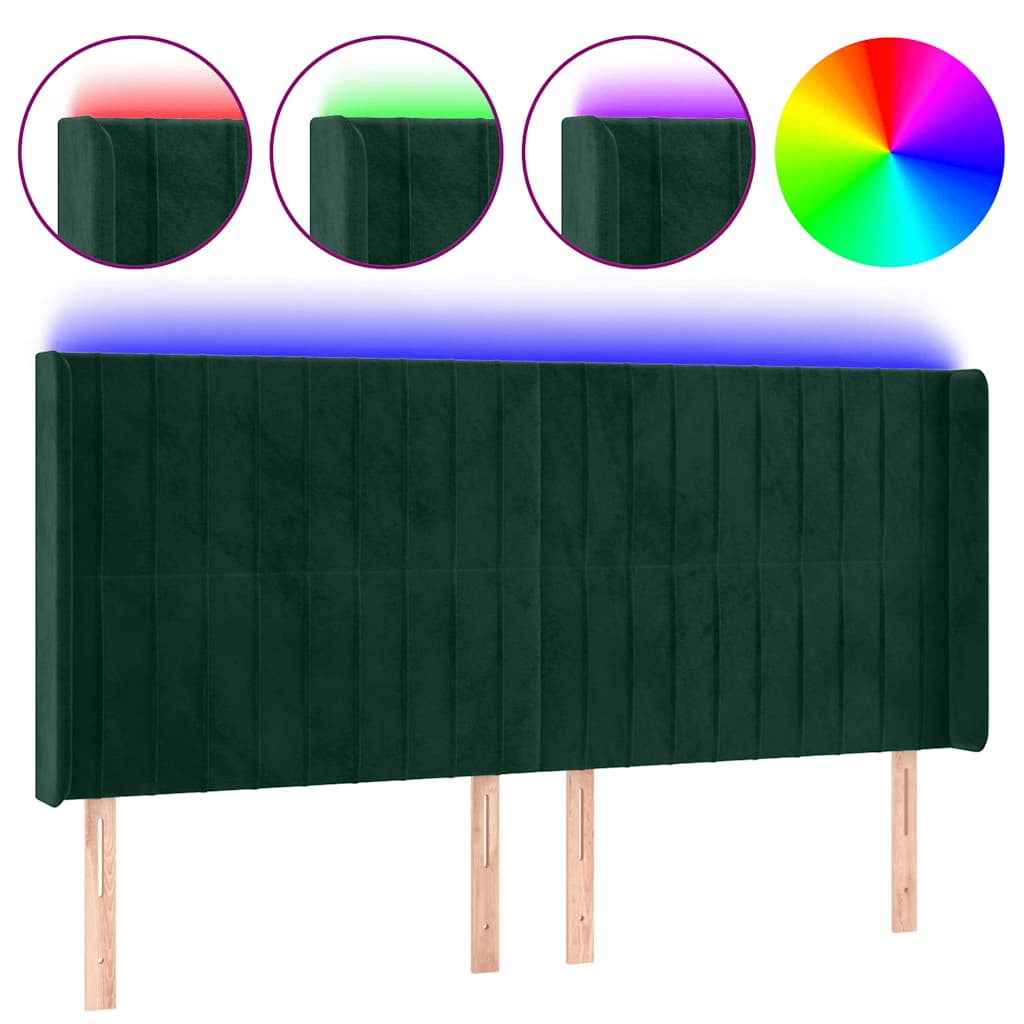 sengegavl med LED-lys 163x16x118/128 cm fløjl mørkegrøn