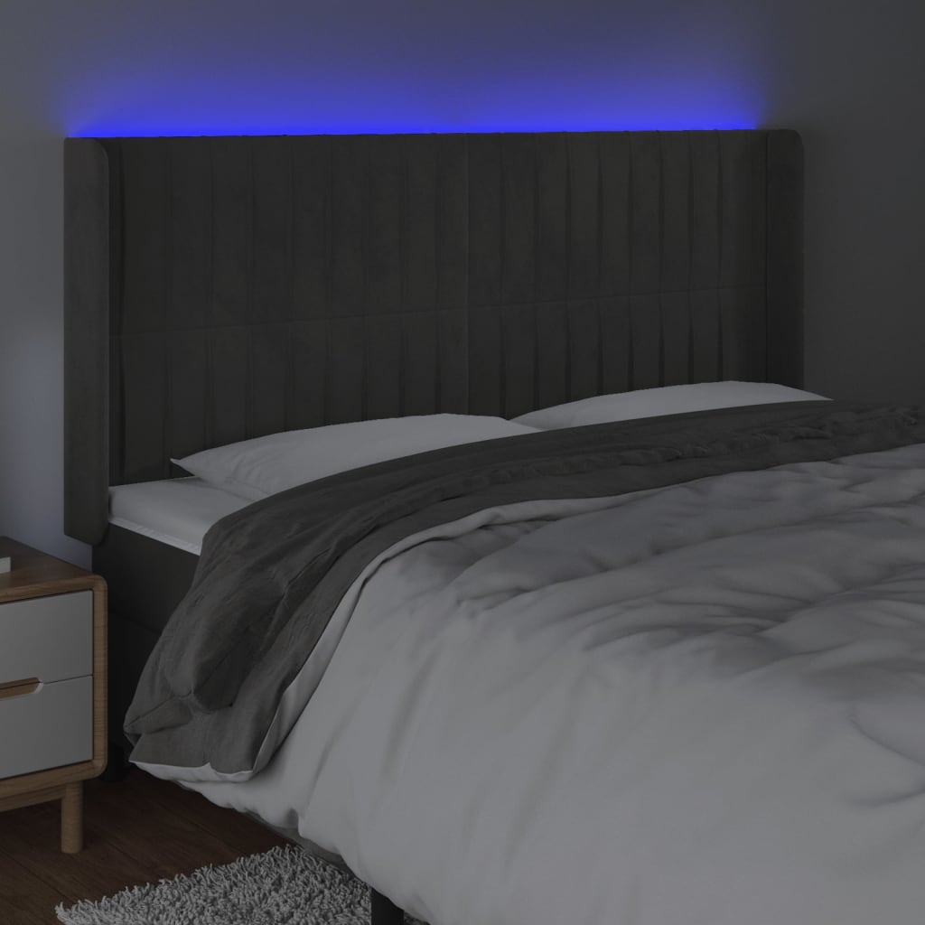 sengegavl med LED-lys 183x16x118/128 cm fløjl mørkegrå