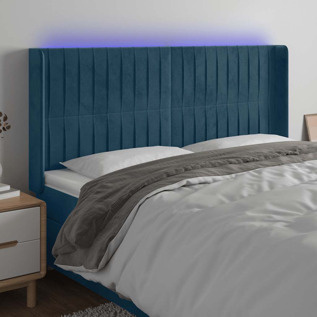 sengegavl med LED-lys 183x16x118/128 cm fløjl mørkeblå