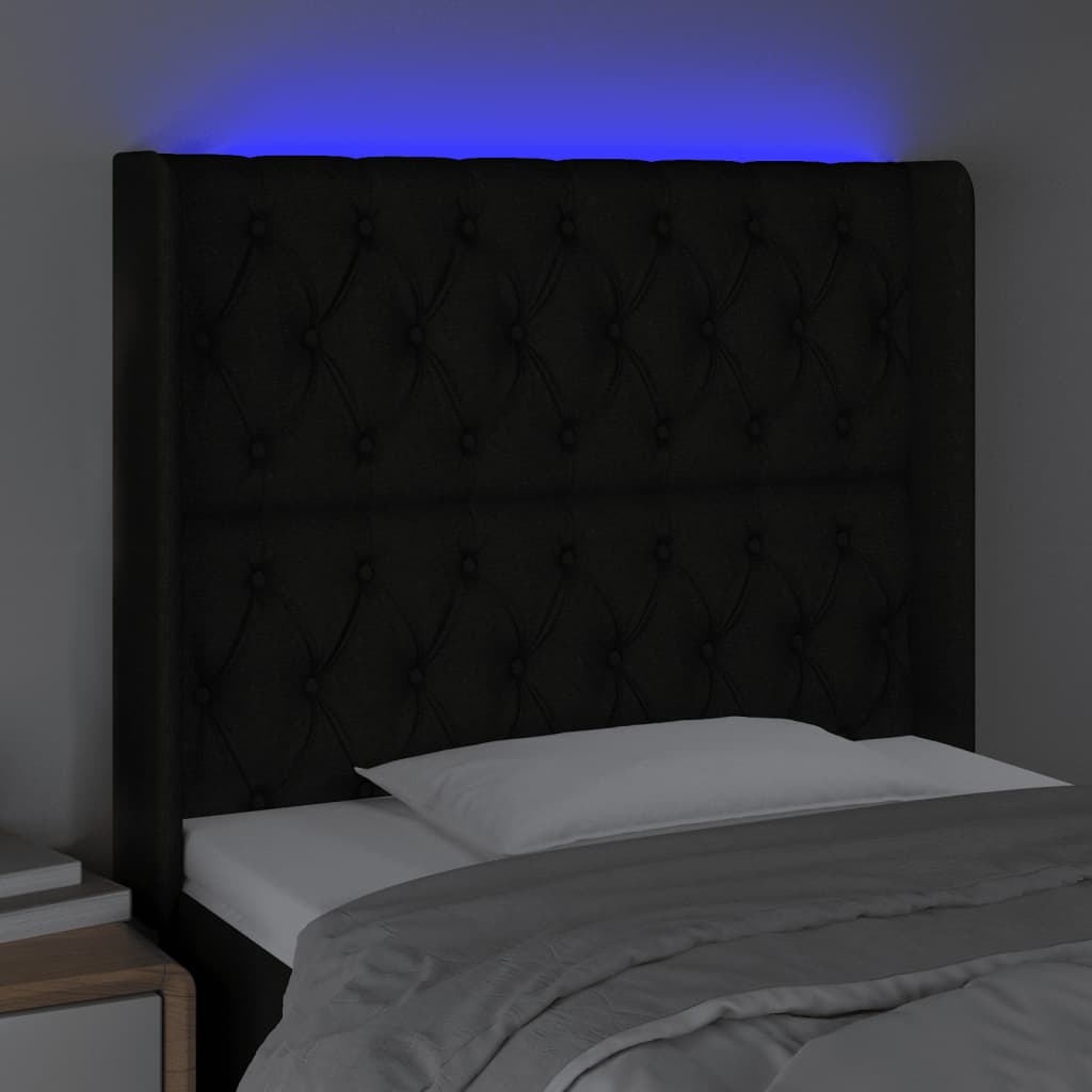 sengegavl med LED-lys 103x16x118/128 cm stof sort