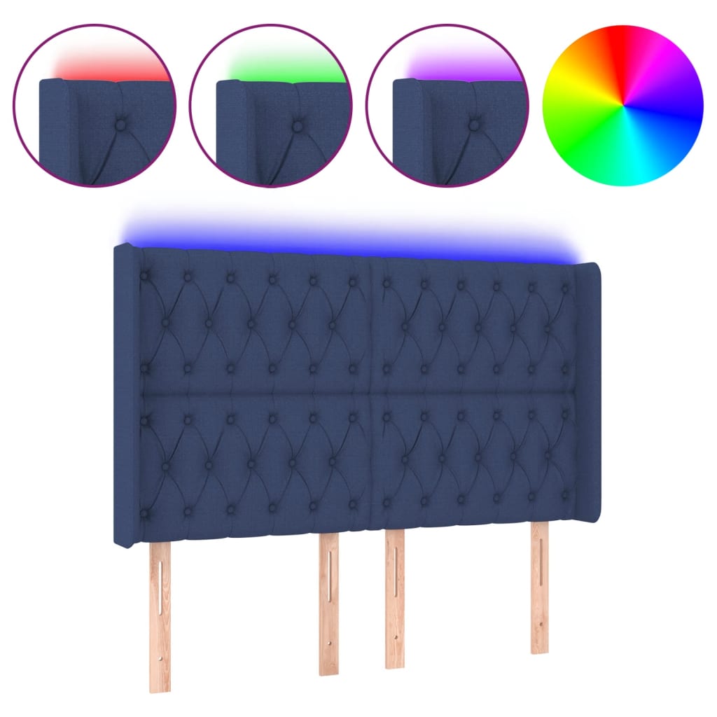 sengegavl med LED-lys 147x16x118/128 cm stof blå
