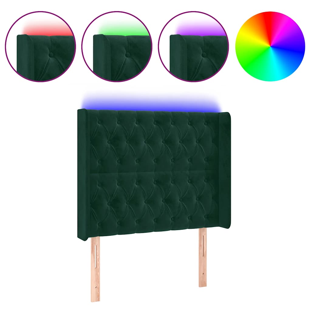 sengegavl med LED-lys 93x16x118/128 cm fløjl mørkegrøn