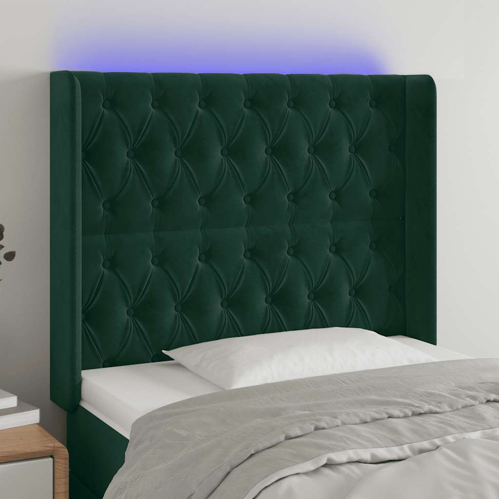 sengegavl med LED-lys 93x16x118/128 cm fløjl mørkegrøn