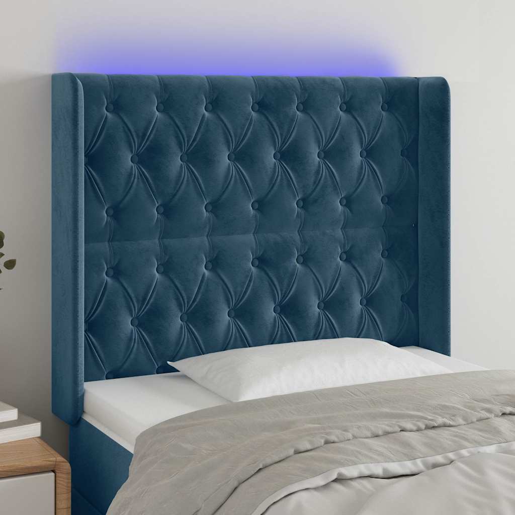 sengegavl med LED-lys 93x16x118/128 cm fløjl mørkeblå
