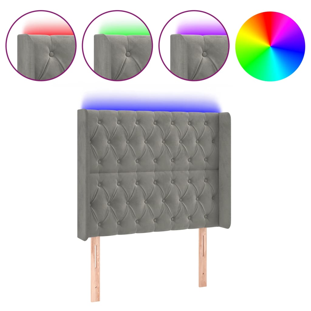 sengegavl med LED-lys 103x16x118/128 cm fløjl lysegrå