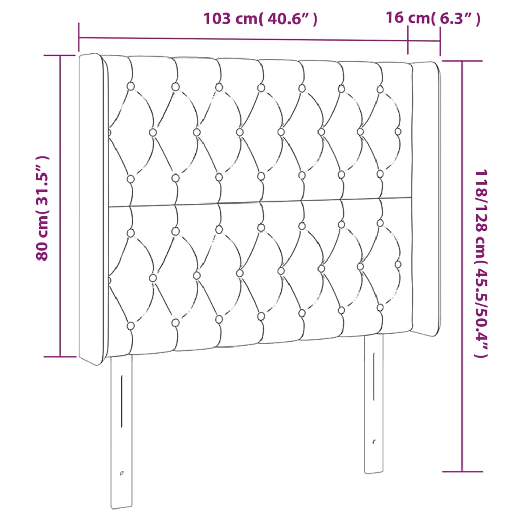 sengegavl med LED-lys 103x16x118/128 cm fløjl lyserød