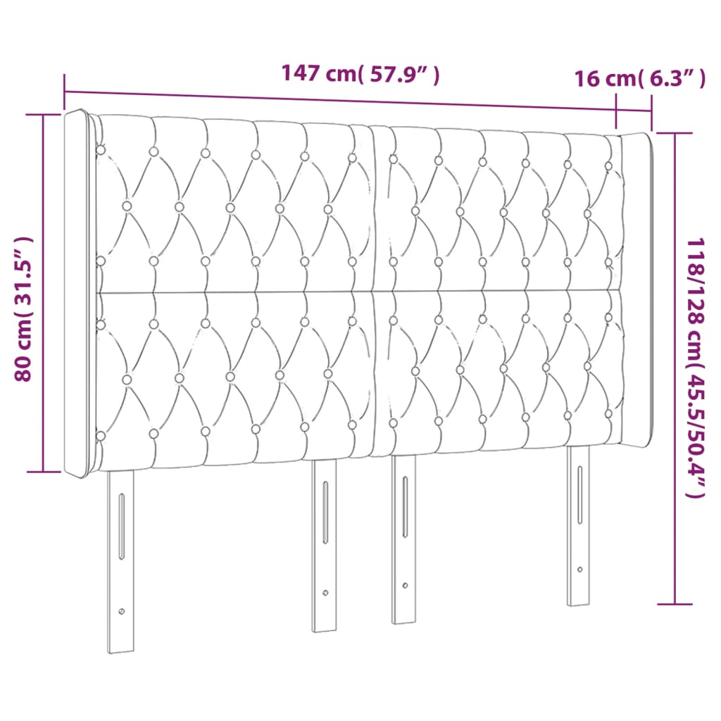 sengegavl med LED-lys 147x16x118/128 cm fløjl mørkegrå