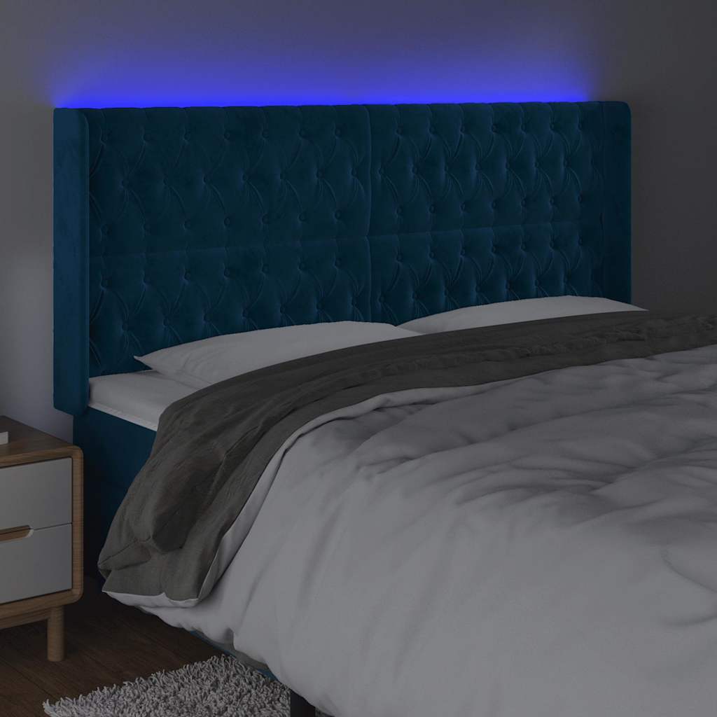 sengegavl med LED-lys 183x16x118/128 cm fløjl mørkeblå