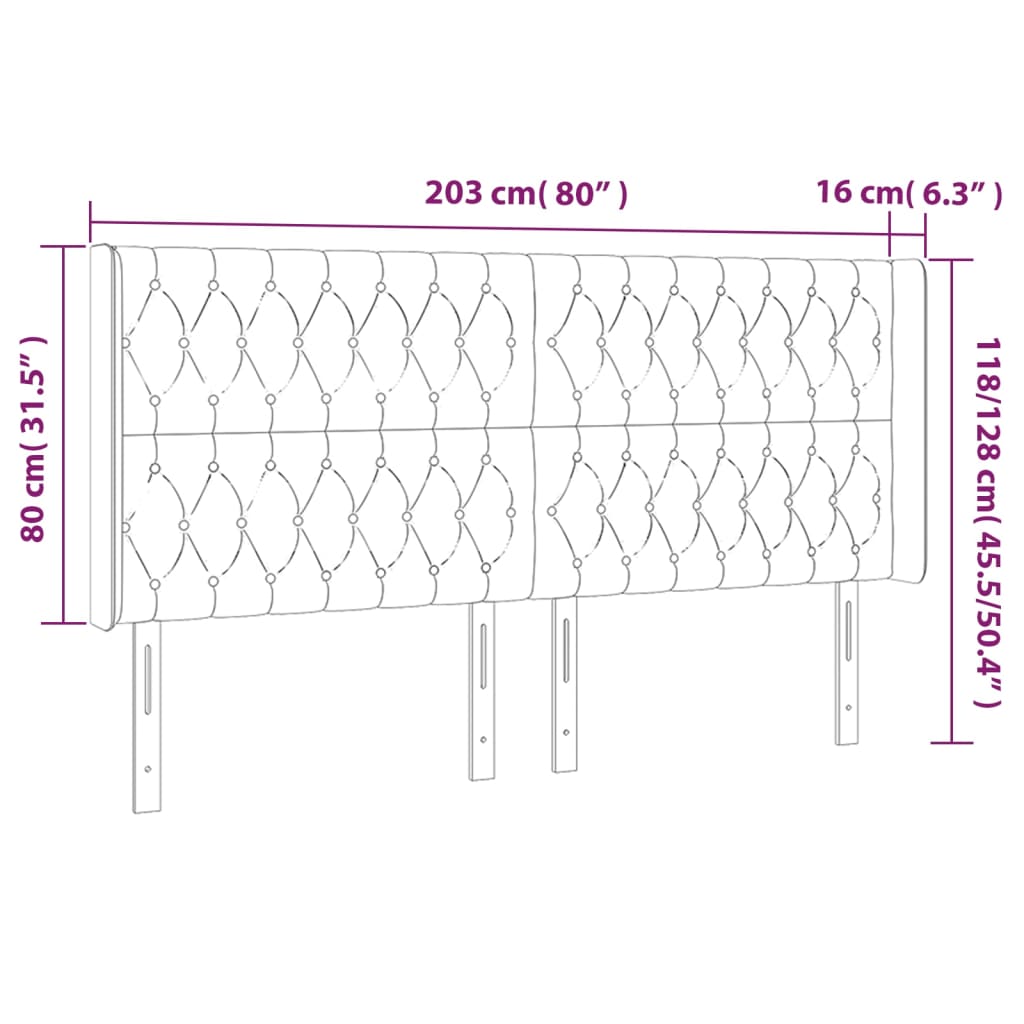 sengegavl med LED-lys 203x16x118/128 cm fløjl lysegrå