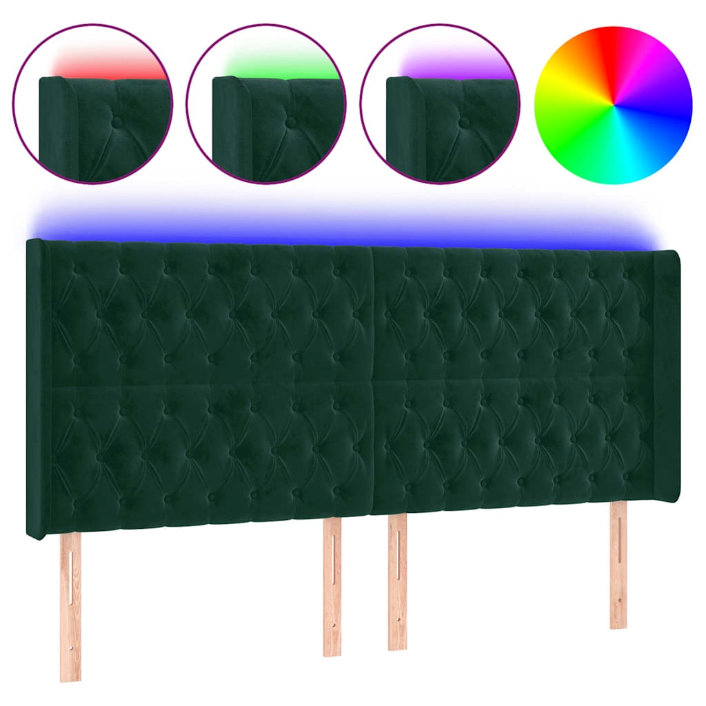 sengegavl med LED-lys 203x16x118/128 cm fløjl mørkegrøn