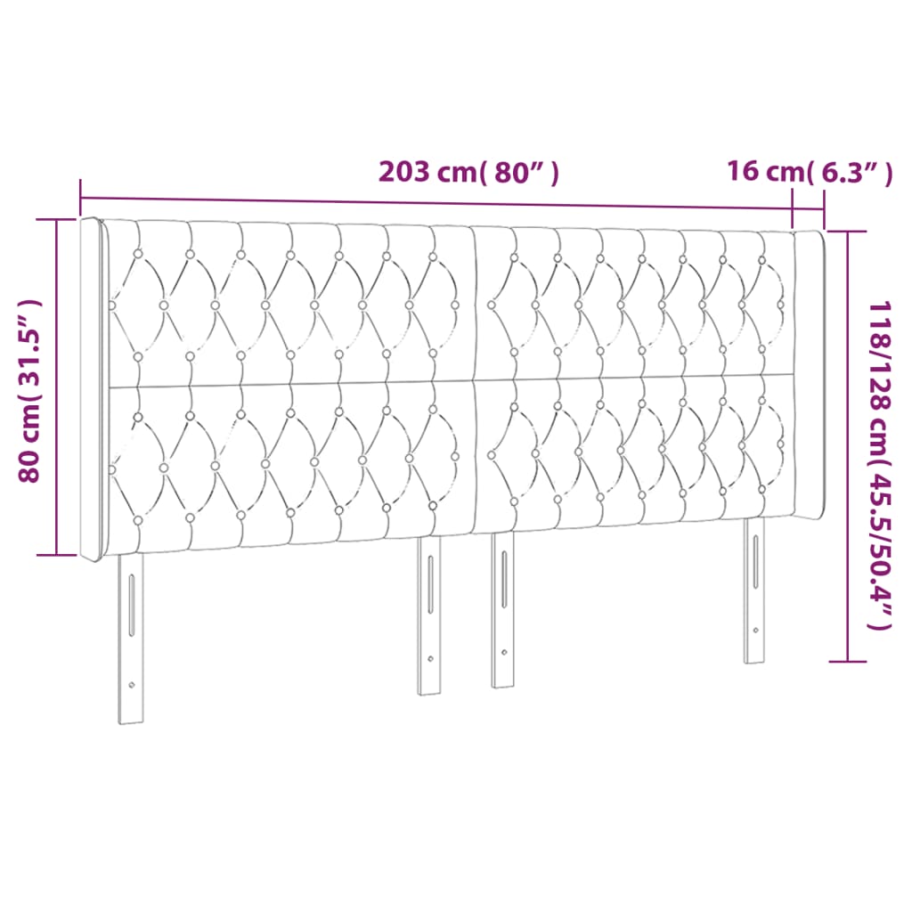 sengegavl med LED-lys 203x16x118/128 cm fløjl lyserød