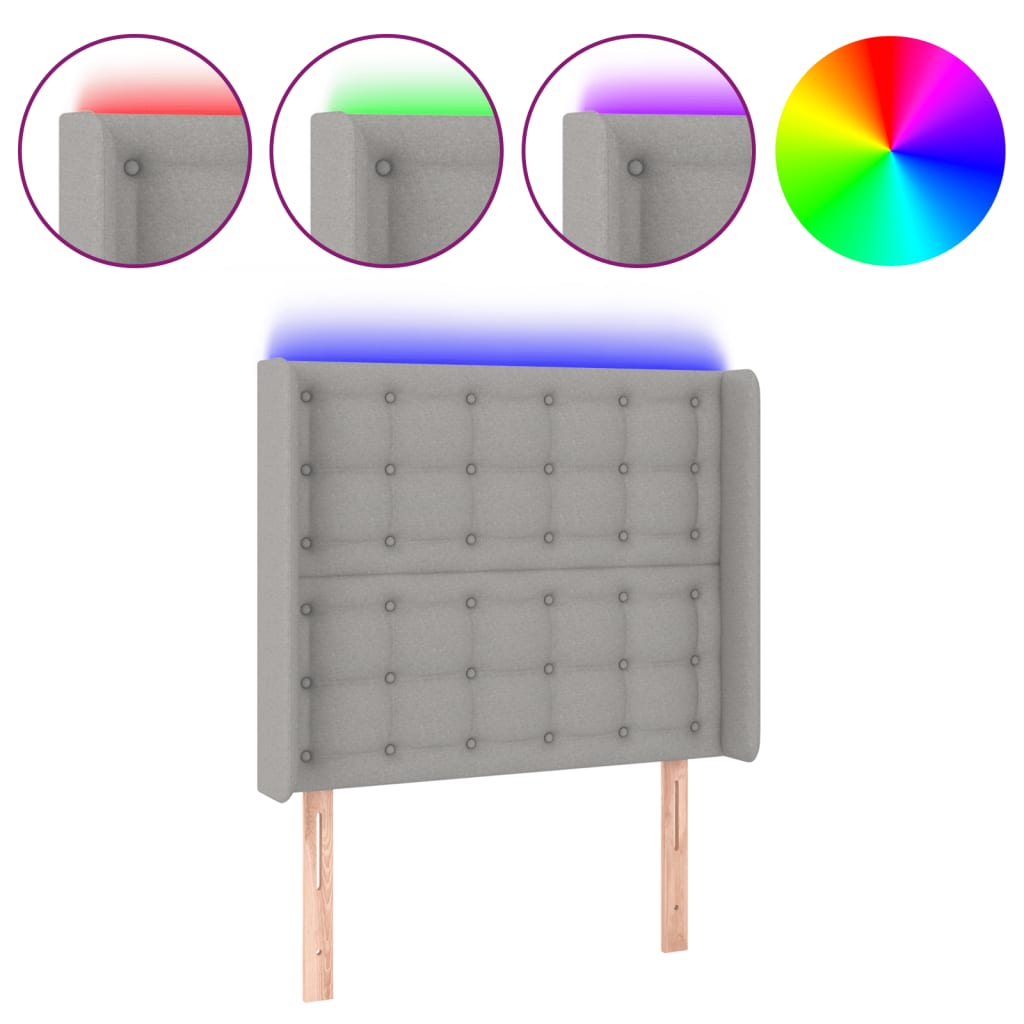 sengegavl med LED-lys 83x16x118/128 cm stof lysegrå