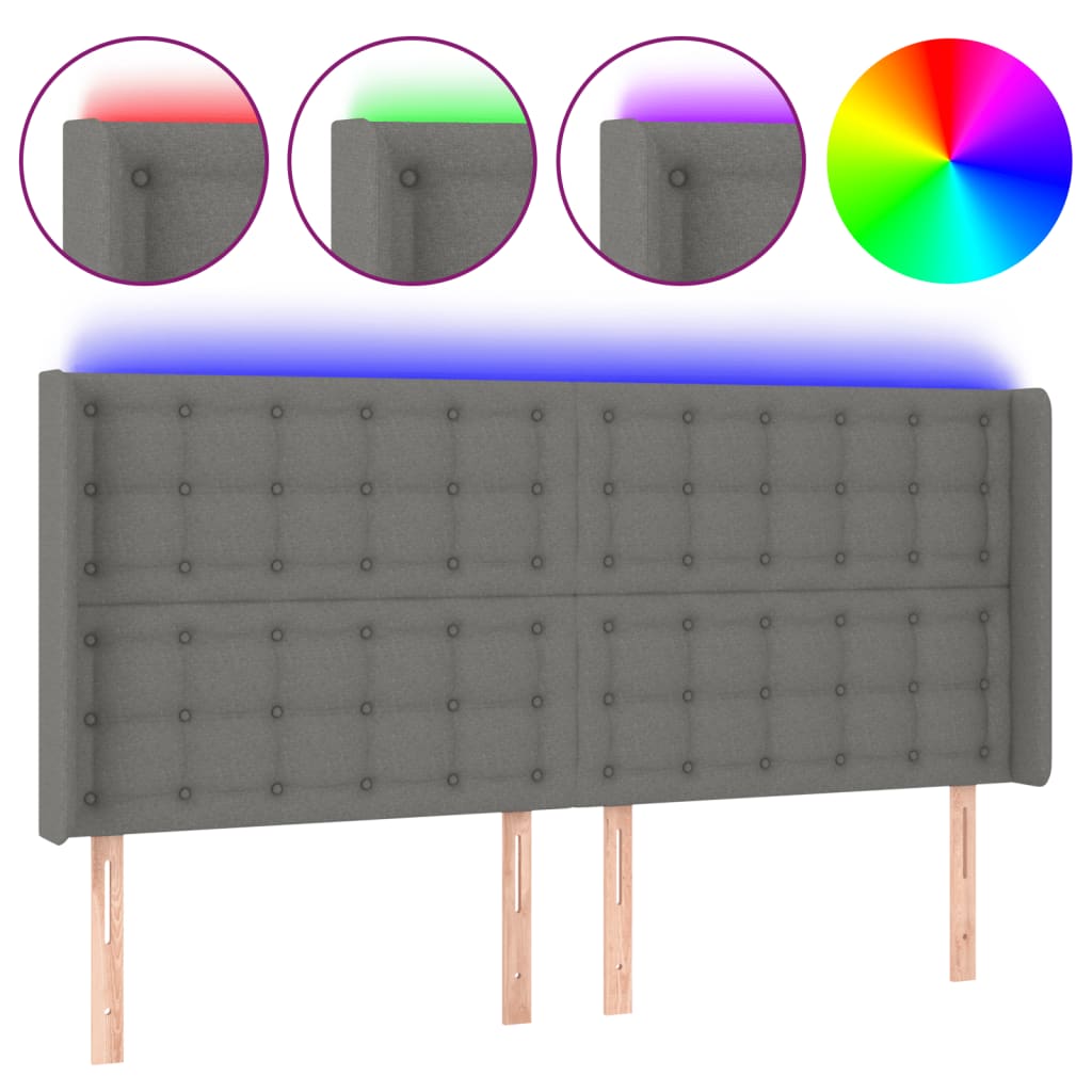 sengegavl med LED-lys 203x16x118/128 cm stof mørkegrå