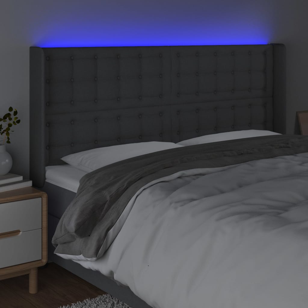 sengegavl med LED-lys 203x16x118/128 cm stof mørkegrå