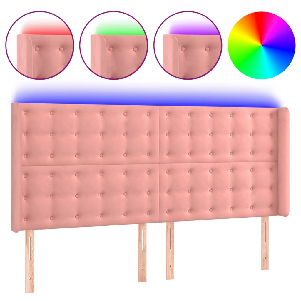 sengegavl med LED-lys 163x16x118/128 cm fløjl lyserød