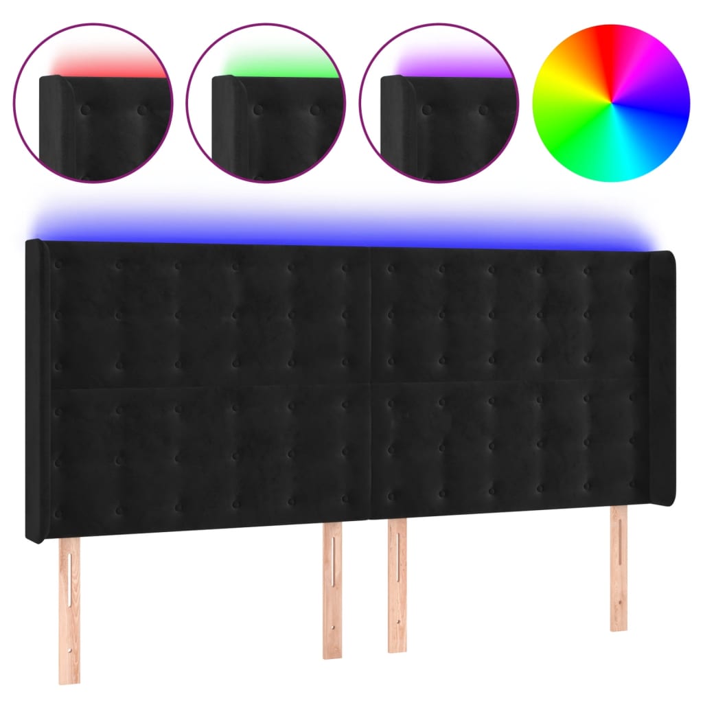 sengegavl med LED-lys 183x16x118/128 cm fløjl sort