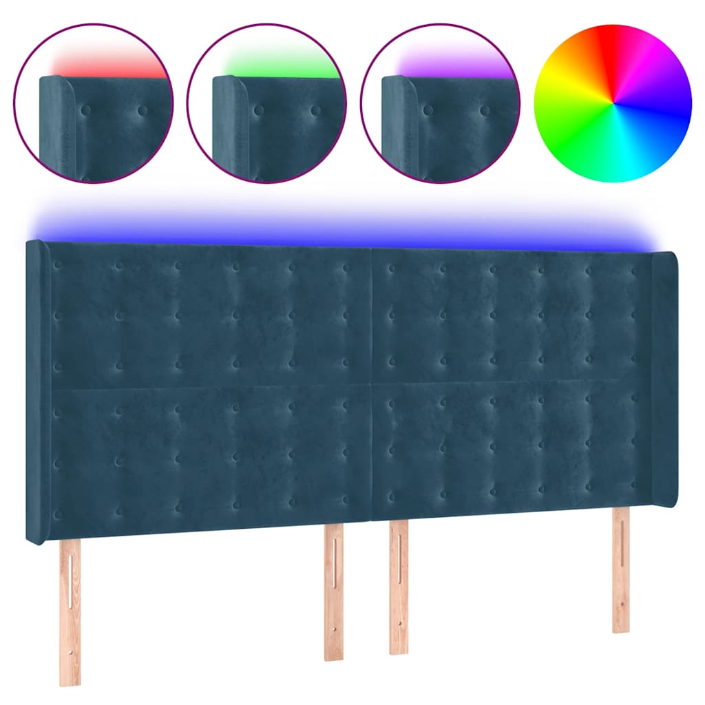 sengegavl med LED-lys 203x16x118/128 cm fløjl mørkeblå