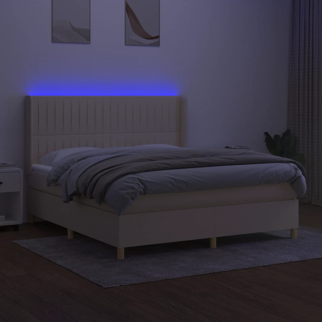 kontinentalseng med LED-lys 180x200 cm stof cremefarvet
