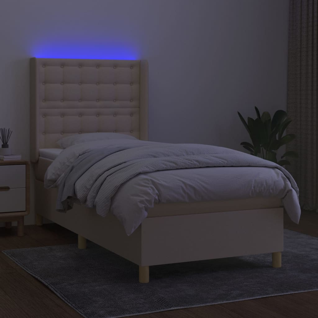 kontinentalseng med LED-lys 90x190 cm stof cremefarvet