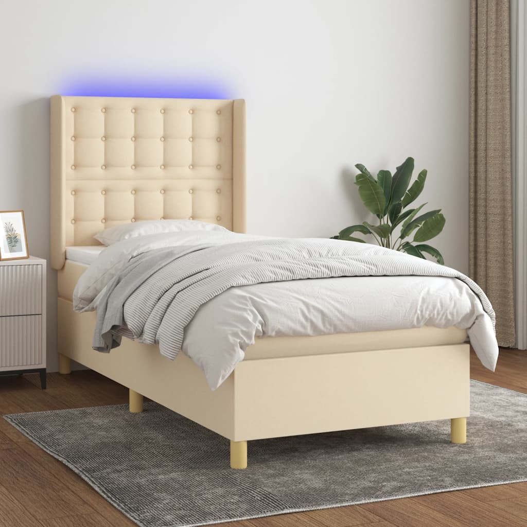 kontinentalseng med LED-lys 90x190 cm stof cremefarvet