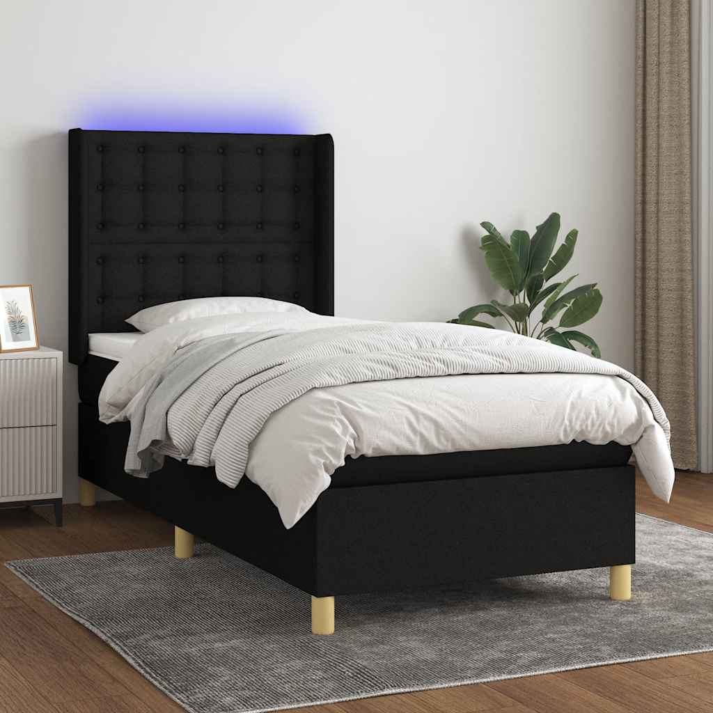 kontinentalseng med LED-lys 90x200 cm stof sort
