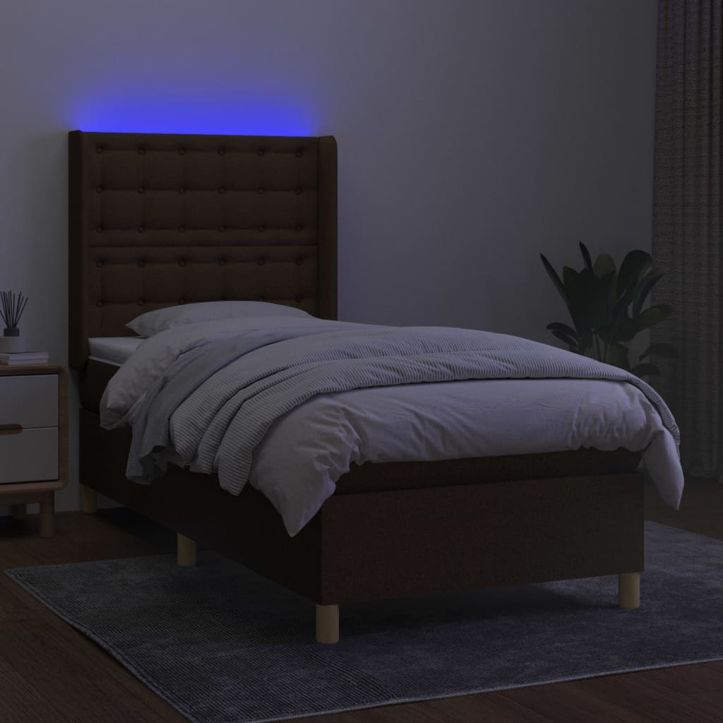 kontinentalseng med LED-lys 90x200 cm stof mørkebrun
