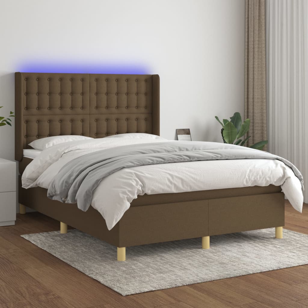 kontinentalseng med LED-lys 140x190 cm stof mørkebrun